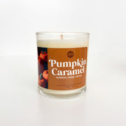 Pumpkin Caramel candle with a label on a white background